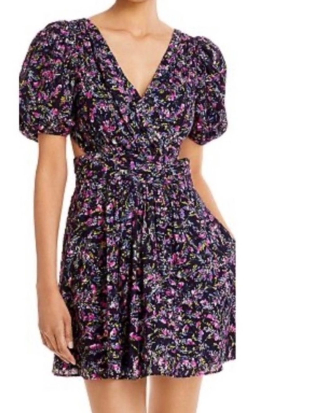 French Connection Western Cut Away Navy Floral Puff Sleeve Eyelet Dress